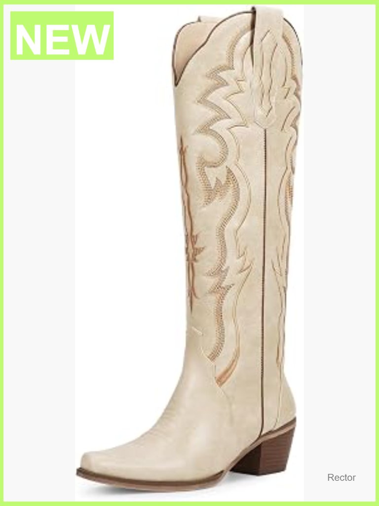 Knee High Cowgirl Boots With Embroidered Chunky Heel Slip On Pointed Toe
